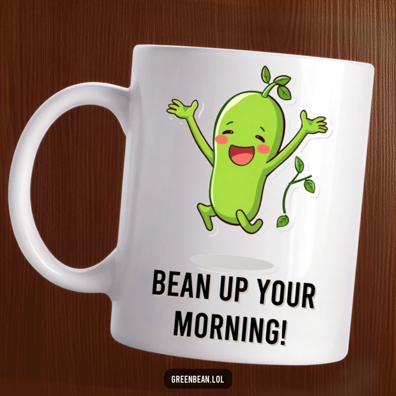 Funny mug featuring a happy green bean character joyfully doing a jumping jack alongside a playful vine.