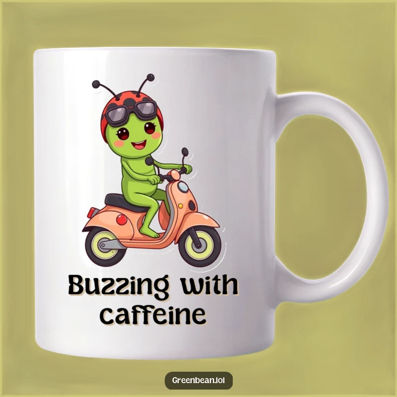 Funny Green Bean Ladybug Scooter Mug: A Whimsical Ride for Your Coffee