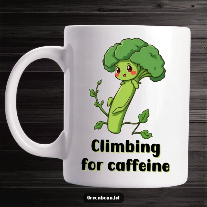 Funny Mug showing a determined green bean character climbing a broccoli stalk, embodying ambition and victory.
