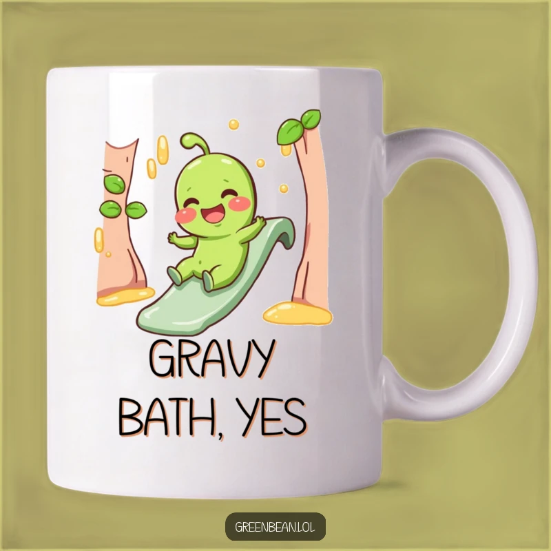 Funny Gravy Slide Mug - Giggling Green Bean Character Food Fun