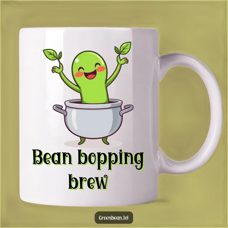 Funny Green Bean Mug: Happy Character Dancing in Pot, Hilarious Vegetable Gift