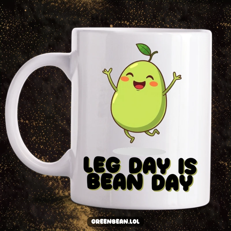 Funny mug of a plump green bean with tiny legs enthusiastically doing a happy dance, spreading joy. A perfect funny gift.