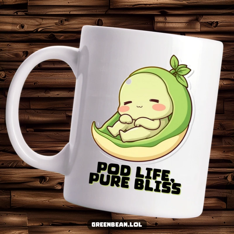 Funny mug showing a content green bean character relaxing peacefully inside its pod, embodying comfort and humor, perfect for a funny gift.