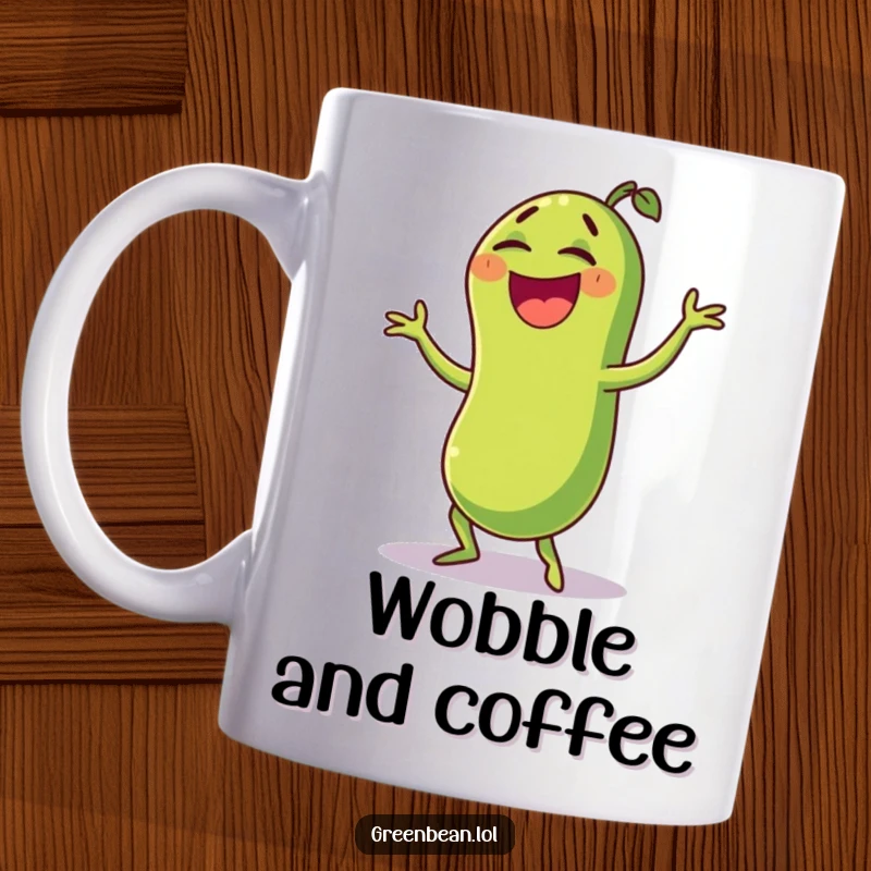 Funny green bean mug depicting a laughing character doing a hilarious wobble dance, full of comical movement and joyous energy. Great for coffee.