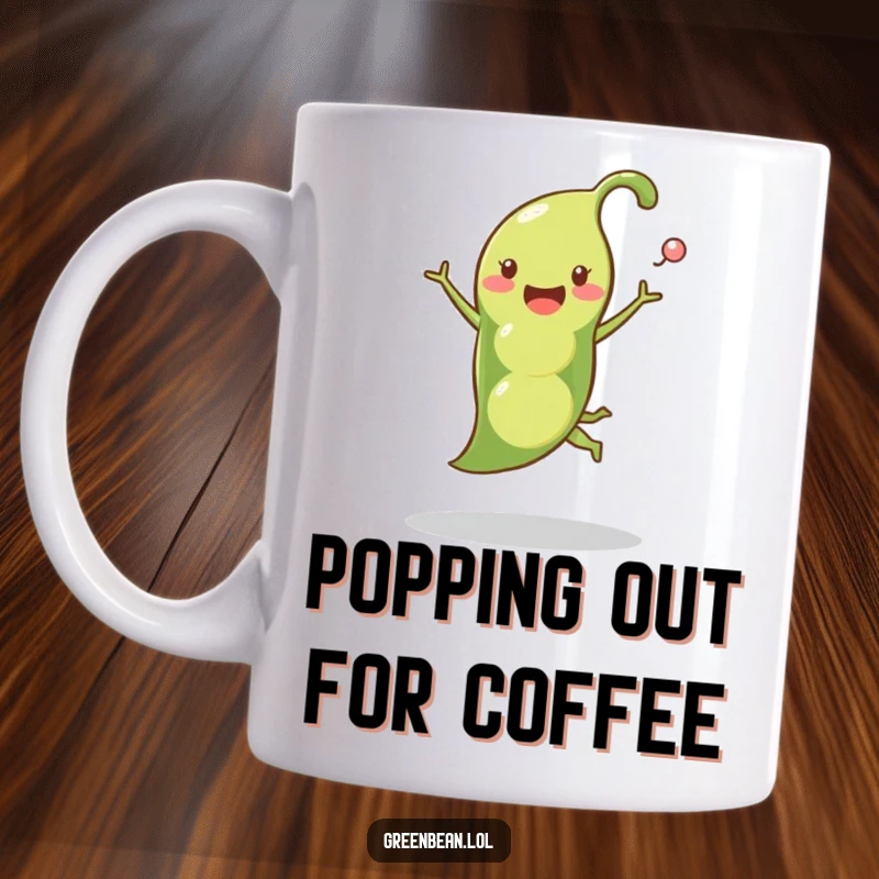 Funny pea pod mug featuring a happy pea pod mid-leap with peas popping out, symbolizing energetic fun and vegetable charm.