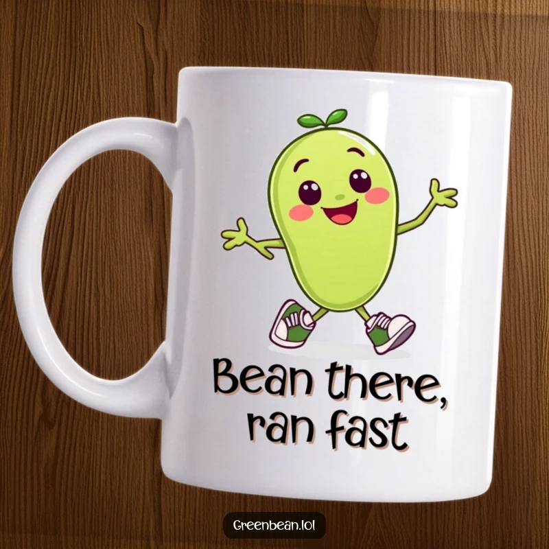 Funny mug showcasing a smiling green bean character wearing tiny running shoes and jogging.