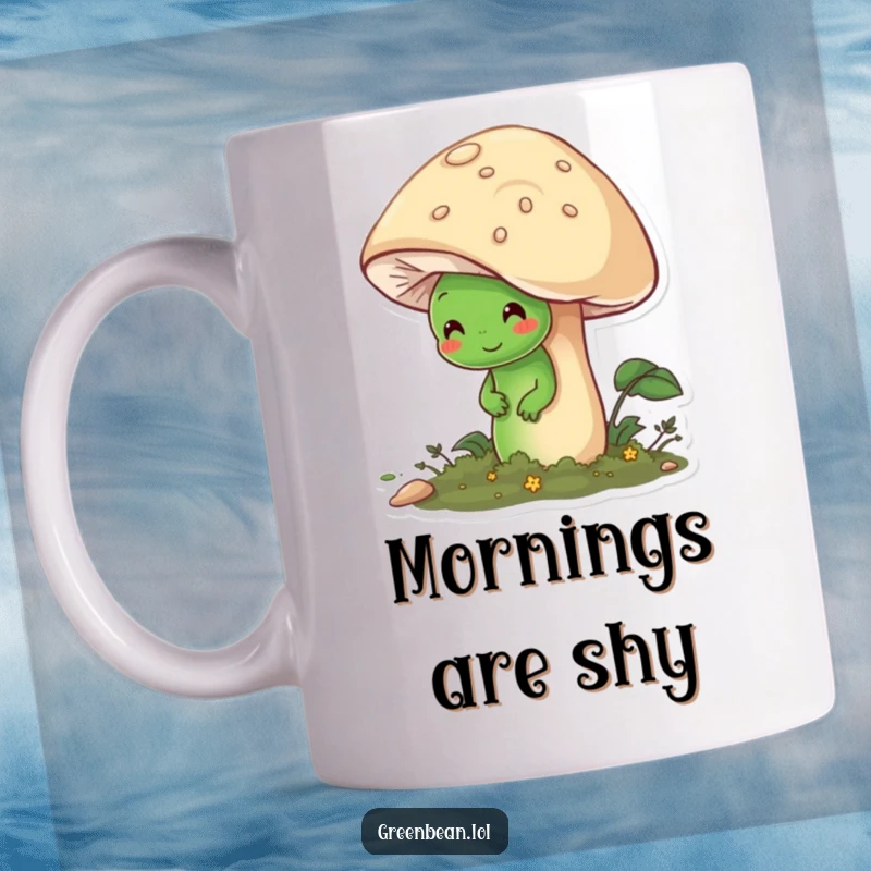Funny mug with a shy green bean character peeking from behind a large, friendly mushroom, conveying gentle introversion.