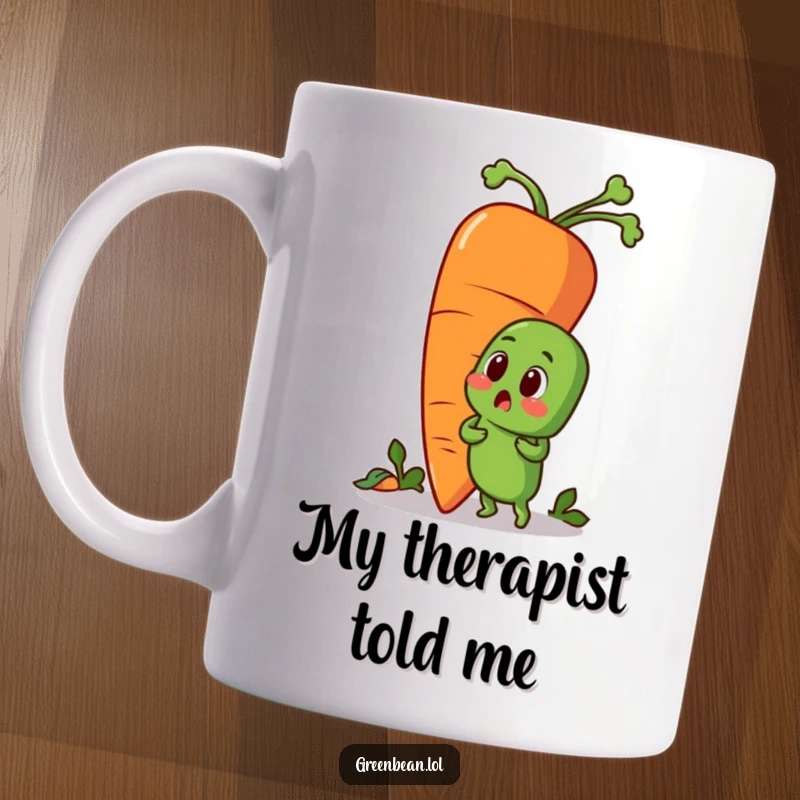 Funny mug with a shocked green bean character encountering a massive, friendly carrot. Captures surprise and humor in a vegetable friendship.