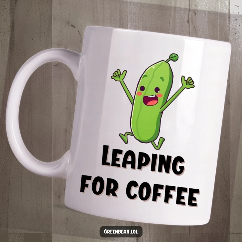 Funny Mug showing a determined green bean character in a triumphant leap, celebrating achievement and humor, a perfect funny gift.