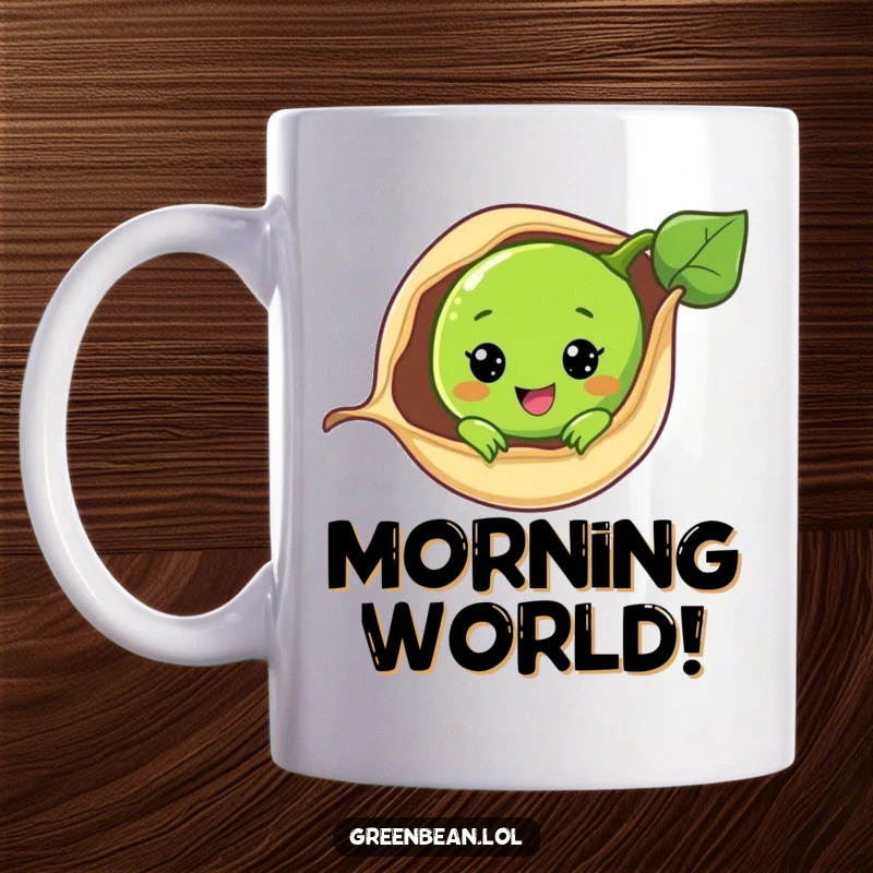 Funny mug with a smiling green bean character playfully peeking out from its pod, radiating cuteness and joy.