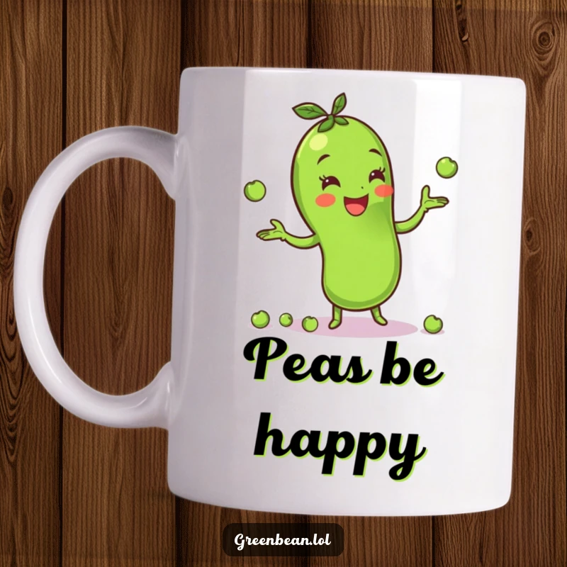 Funny green bean mug depicting a cheerful character happily juggling small green peas, showcasing playful energy and veggie-themed fun. Great for coffee.