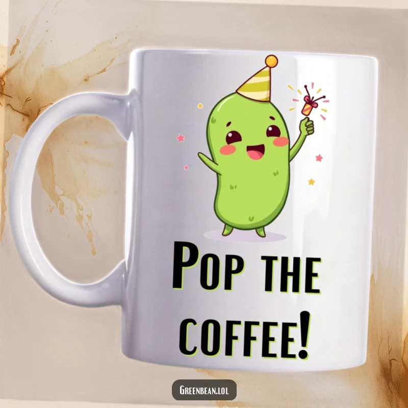 Funny mug featuring a gleeful green bean character joyfully celebrating by pulling the string of a tiny party popper.