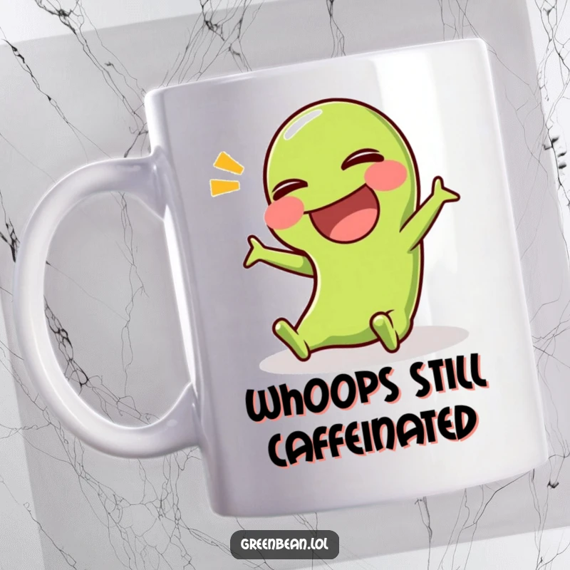 Funny mug featuring a laughing green bean character comically slipping on a surface, showcasing its hilarious and clumsy nature.