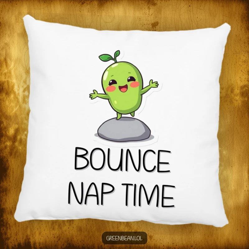 Funny pillow showcasing a green bean character happily bouncing on a pebble, offering comfort and a dose of vegetable energy.