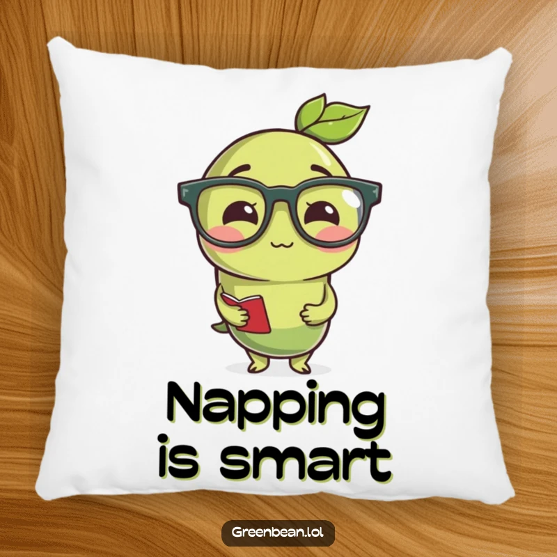 Funny studious green bean wearing reading glasses, a soft and humorous decorative pillow for book lovers.