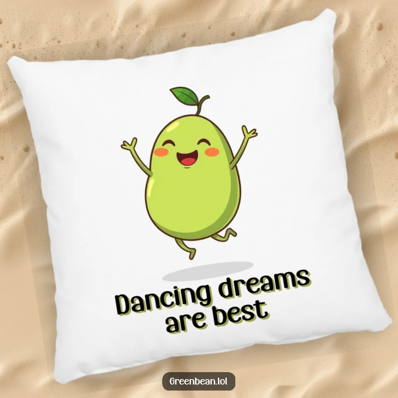 Funny pillow showing a plump green bean with tiny legs dancing joyfully, offering comfort and whimsy. An excellent funny gift.