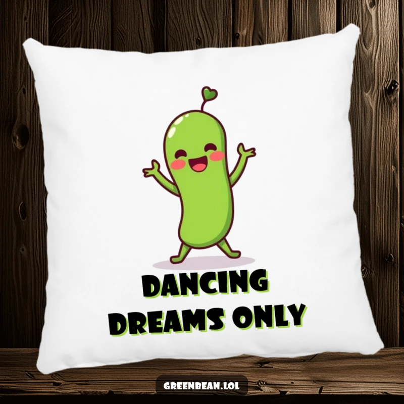 Funny pillow with a green bean character doing a cheerful shimmy dance. Soft, humorous decor for sofas and beds.