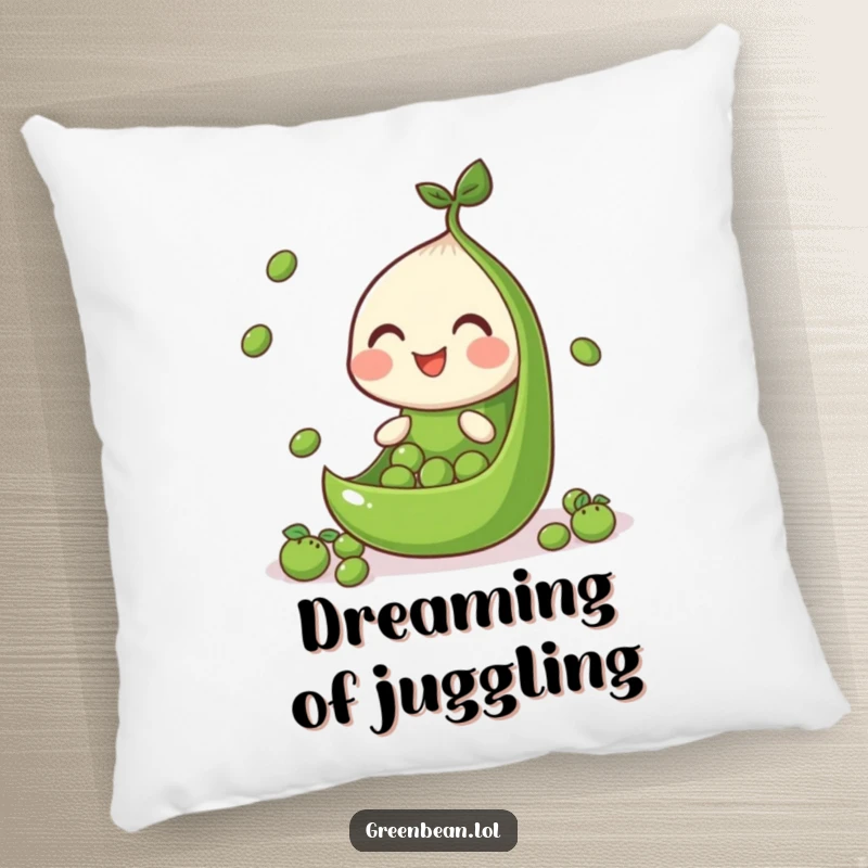 Funny pillow featuring a green bean segment juggling peas, bringing a sense of playful activity and comfort.