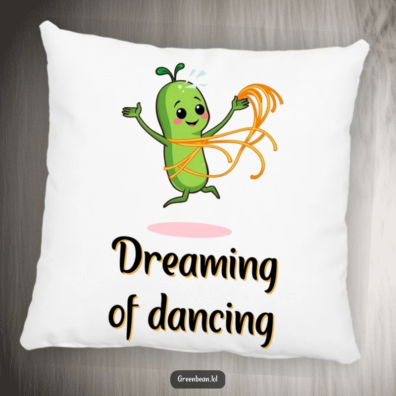 Funny pillow featuring an energetic green bean character dancing with spaghetti, adding playful decor.
