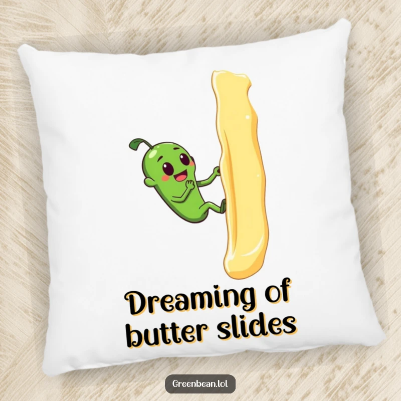 Funny pillow featuring a green bean's comical struggle against a butter wall, offering humorous comfort.