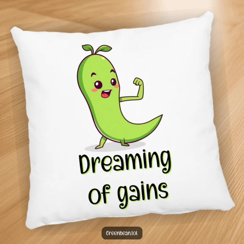 Funny pillow with a determined green bean flexing a pea muscle, offering cozy comfort and motivational humor, a delightful funny gift.