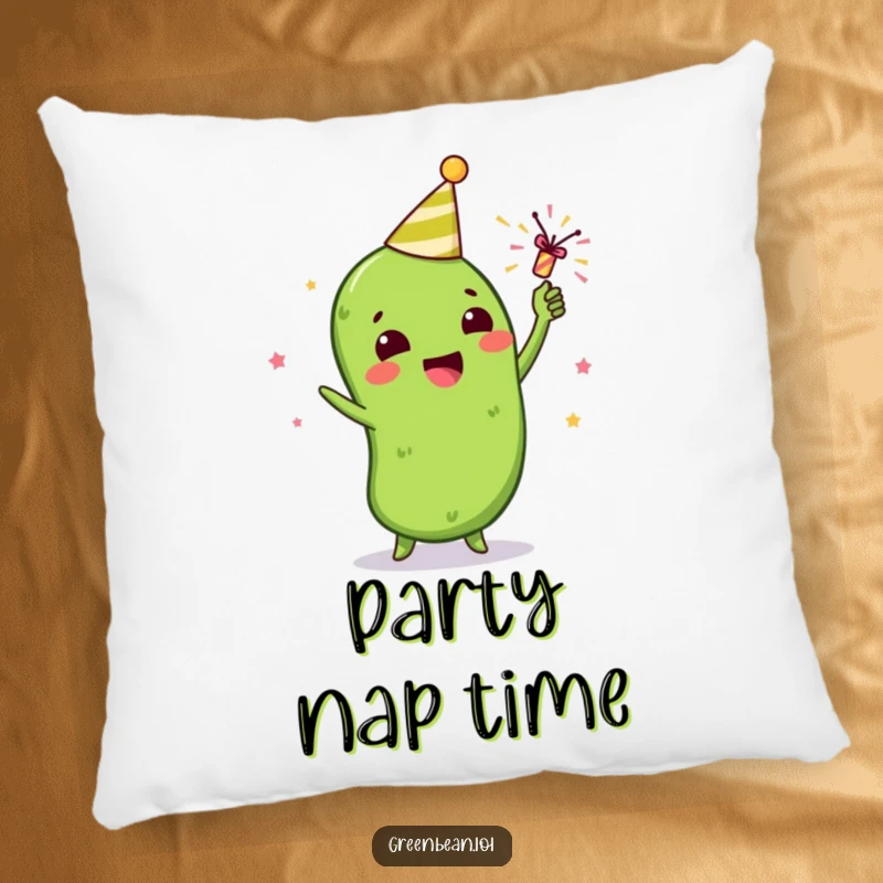 Funny pillow featuring a gleeful green bean character celebrating with a tiny party popper, a humorous and cozy accent.