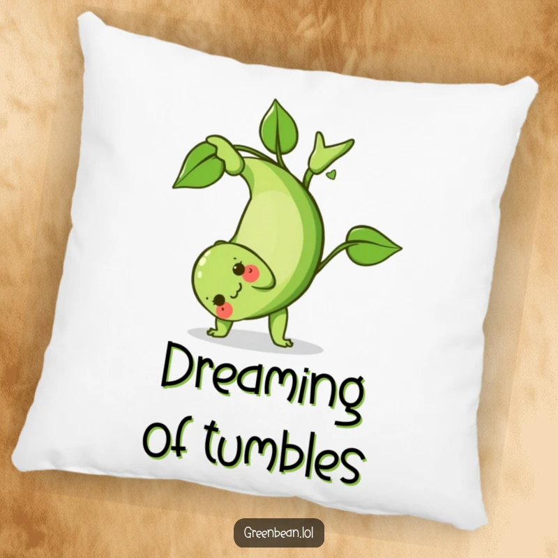 Funny Green Bean Pillow: A soft, decorative pillow showing a green bean character doing a playful somersault, bringing comfort and movement.