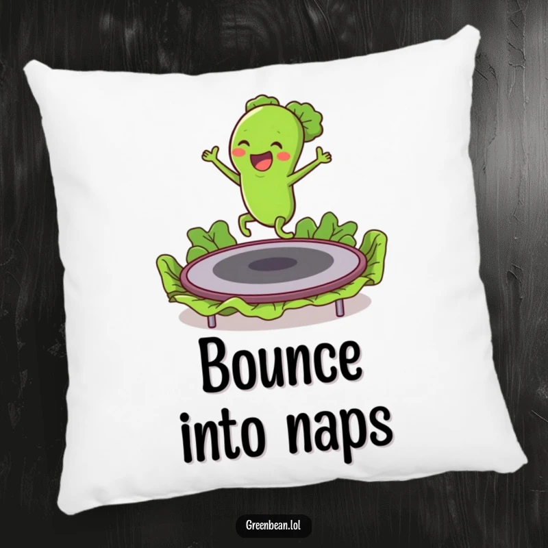 Funny pillow featuring an energetic green bean character bouncing high on a lettuce trampoline, adding playful decor.