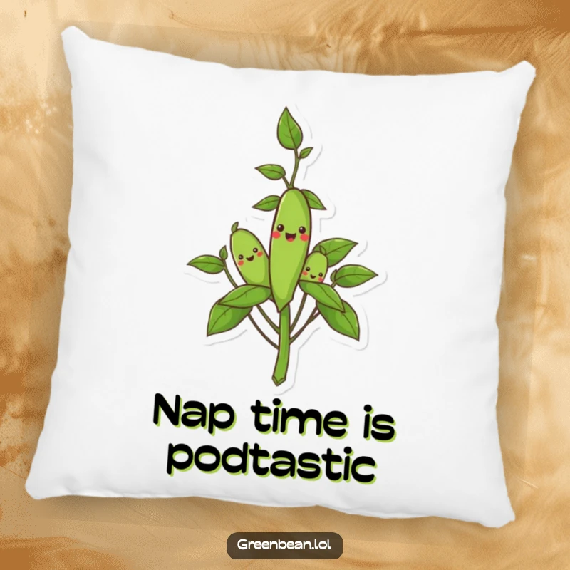 Funny pillow depicting a smiling green bean plant, offering plush comfort and humorous garden charm.