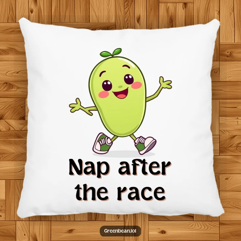 Funny pillow with a smiling green bean character sporting tiny running shoes, in a running pose.