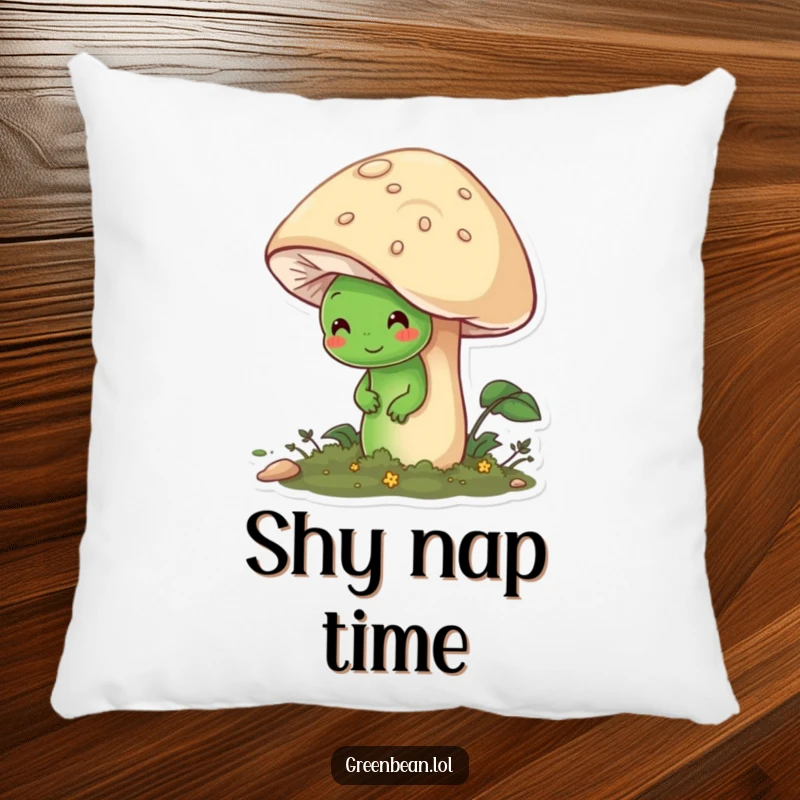 Funny pillow featuring a shy green bean character hiding behind a large, friendly mushroom, adding gentle decor.