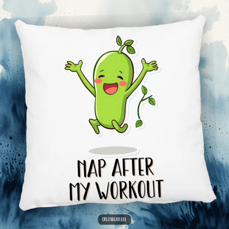 Funny pillow featuring a happy green bean character doing a jumping jack with a vine, decorative and comfy.