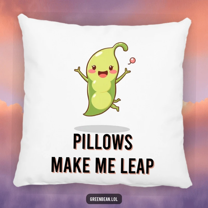 Funny pea pod pillow featuring a happy pea pod leaping with peas popping out, providing a soft, humorous, and decorative element.