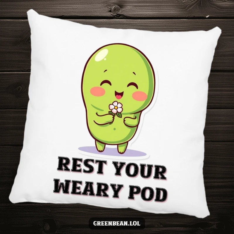 Funny green bean character holding a tiny flower, designed as a soft and charming pillow for comfort.