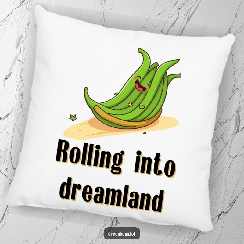 Funny pillow showing a cheerful bundle of green beans giggling as they roll down a slope, offering comfort and whimsy. An excellent funny gift.