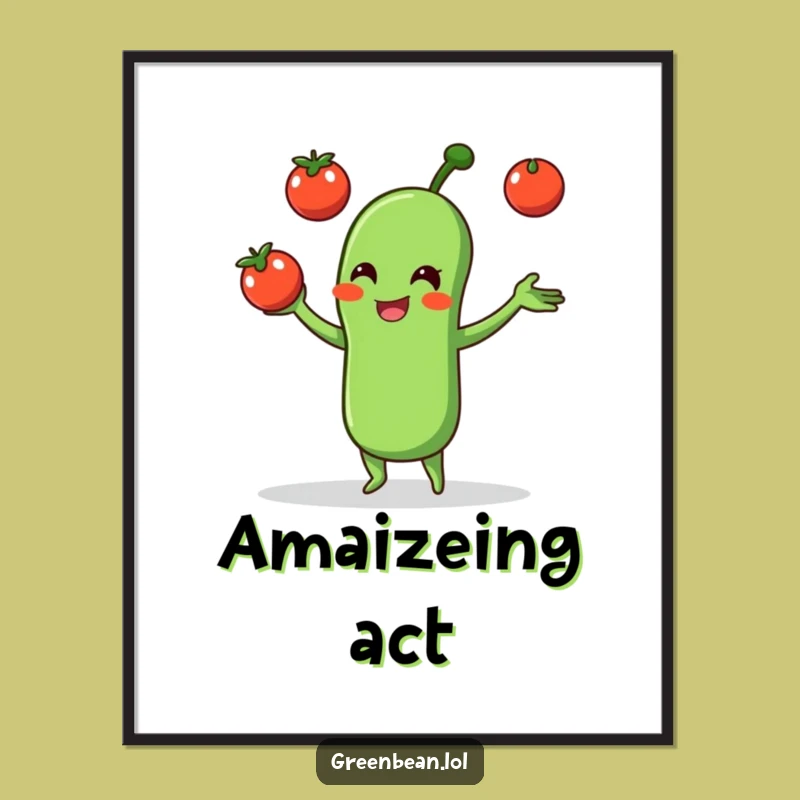 Funny Green Bean Juggling Tomatoes Digital Art: Instant Laughs for Your Walls