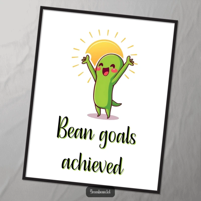 Funny Green Bean Digital Art Print of a proud character stretching towards the sun, bringing motivational charm.
