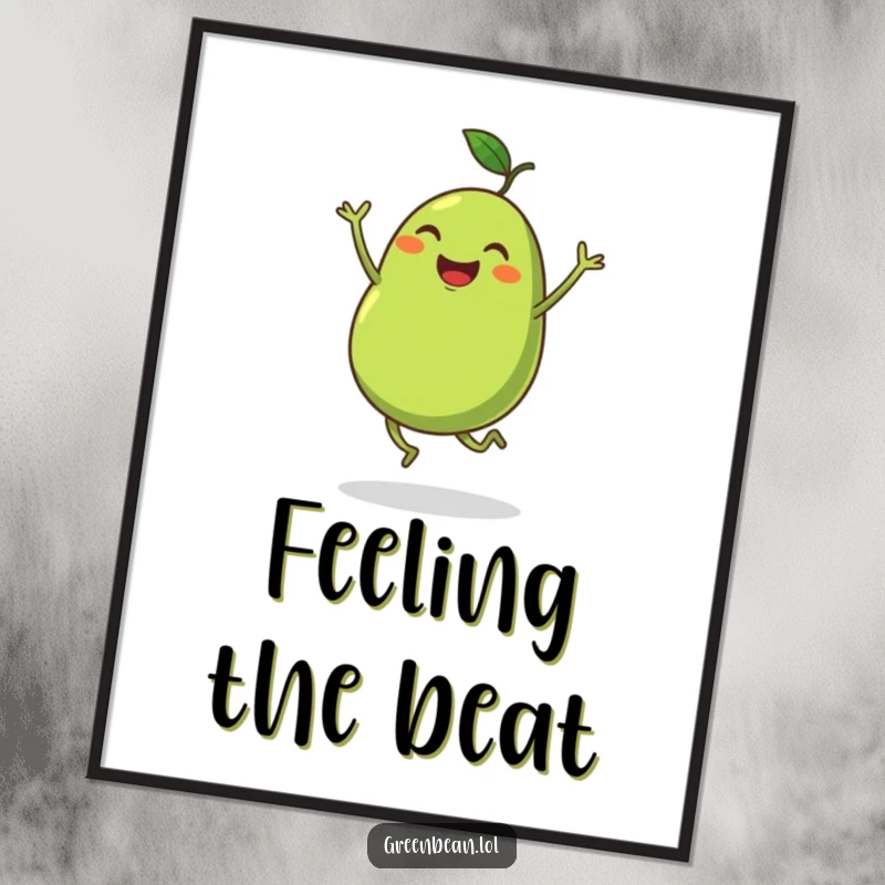 Funny digital art print of a plump green bean with tiny legs enthusiastically dancing, capturing pure, whimsical joy. A superb funny gift.