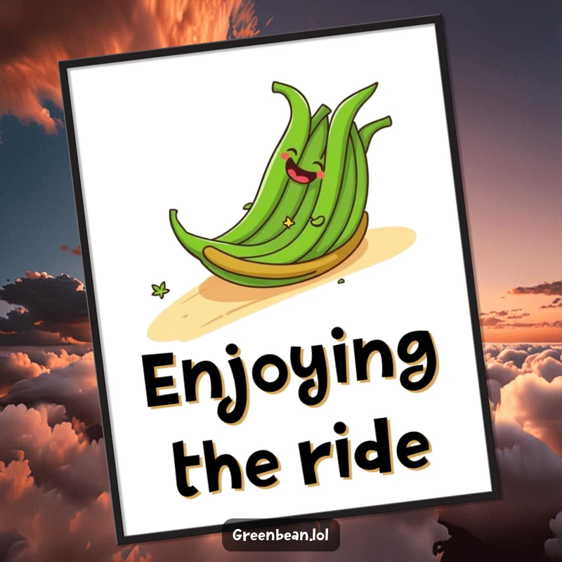 Funny digital art print of a cheerful bundle of green beans giggling as they roll down a slope, capturing pure, whimsical joy. A superb funny gift.