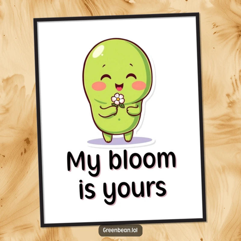 Funny green bean character charmfully offers a tiny flower, presented as a digital art print for walls.