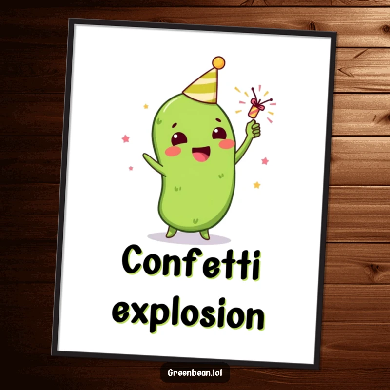 Funny digital art of a gleeful green bean character celebrating with a tiny party popper, a festive and humorous wall piece.