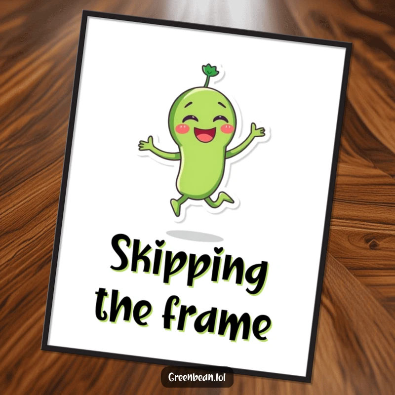 Funny green bean digital art print showcasing a joyous character skipping with great glee, radiating pure happiness and energetic veggie spirit. High resolution.