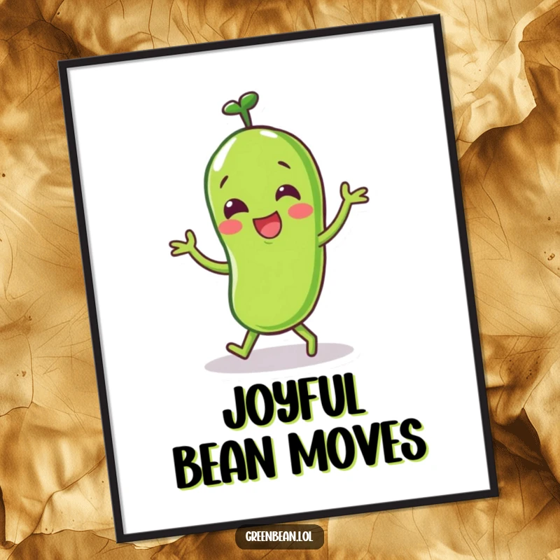 Funny Green Bean Digital Art Print of a happy character doing a little dance, bringing joyful charm.