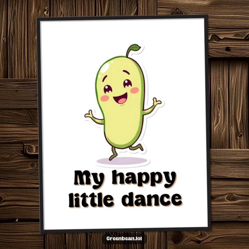 Funny digital art print of a happy green bean character performing a lively jig, radiating pure, unadulterated joy.