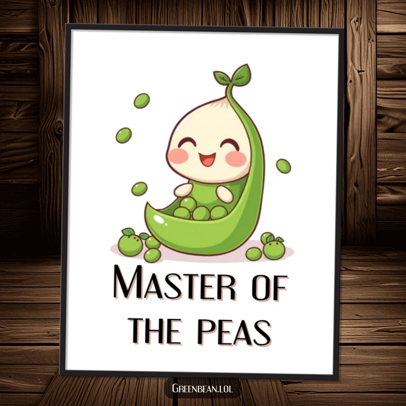 Funny digital art print of a cheerful green bean segment skillfully juggling tiny peas, showcasing playful talent.