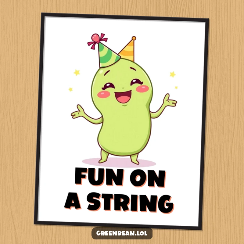 Funny juggling green bean digital art print of a grinning green bean in a party hat, juggling, capturing festive and humorous energy.