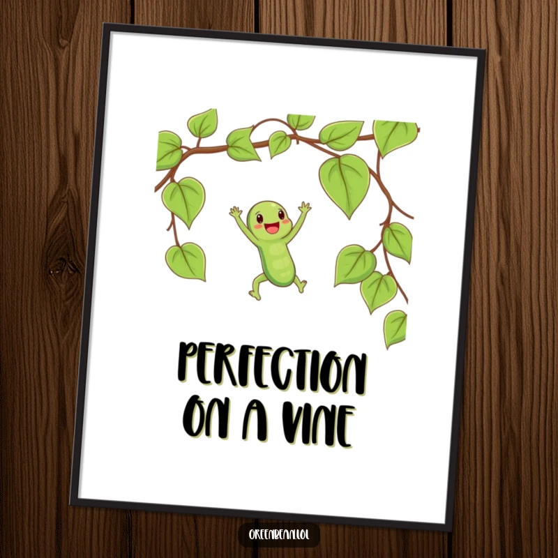 Funny digital art print of a happy string bean swinging on a vine, conveying playful happiness and energy.