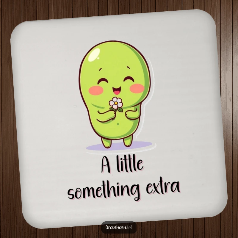 Funny green bean character offering a tiny flower, featured on a charming drink coaster.