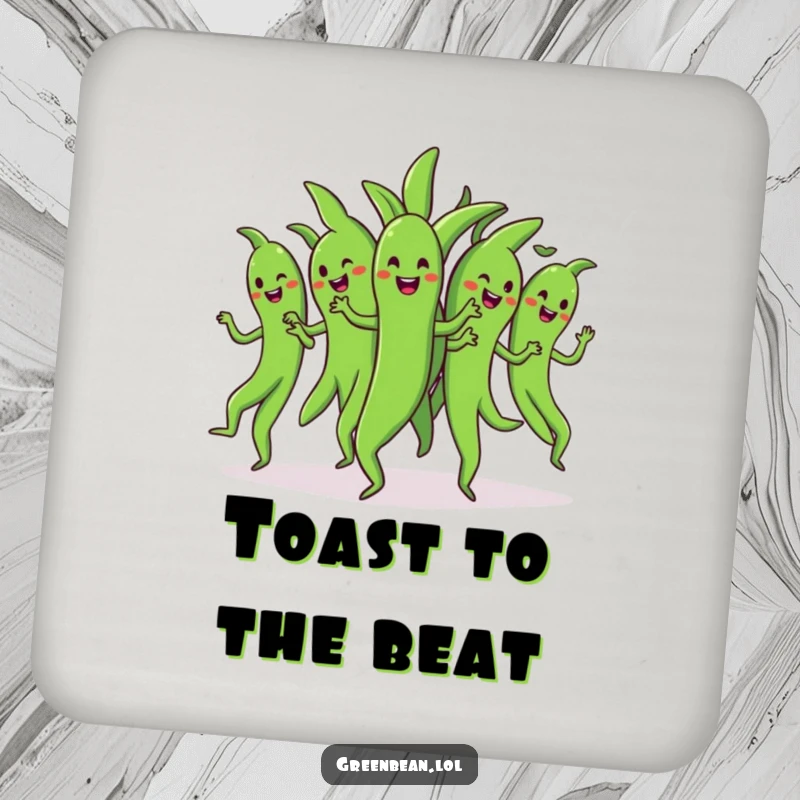 Funny dancing green beans coasters showing a bunch of cheerful green beans doing a synchronized dance, adding humorous group charm to table protection.