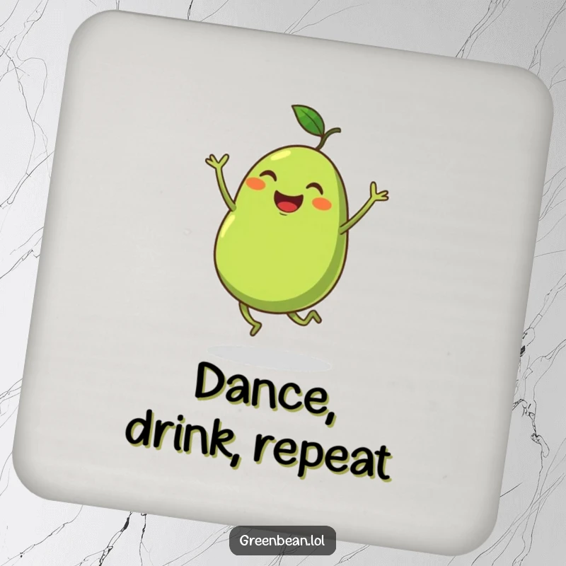 Funny drink coaster with a plump green bean with tiny legs dancing enthusiastically, safeguarding surfaces with humor. A quirky funny gift.